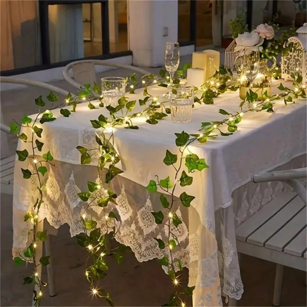 1PC 3M100LED Warm White Green Ivy Leaf LED String Light,USB-Powered Indoor Curtain Decor for Holiday,Wedding,and Party