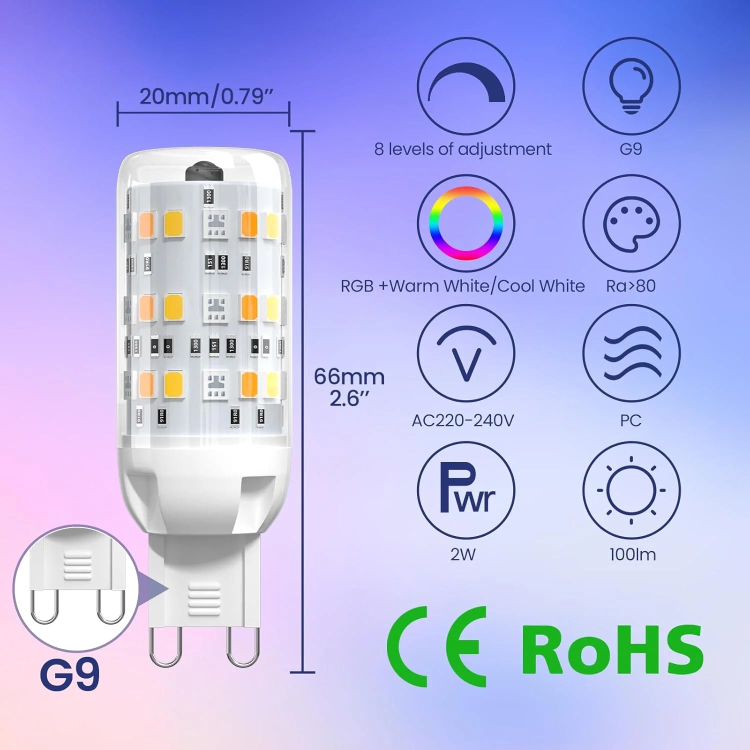 G9 LED Bulb Dimmable,12 Color RGB+Warm White 3000K Color Changing with IR Remote Control Control, AC100-240V, Halloween,1 Pack