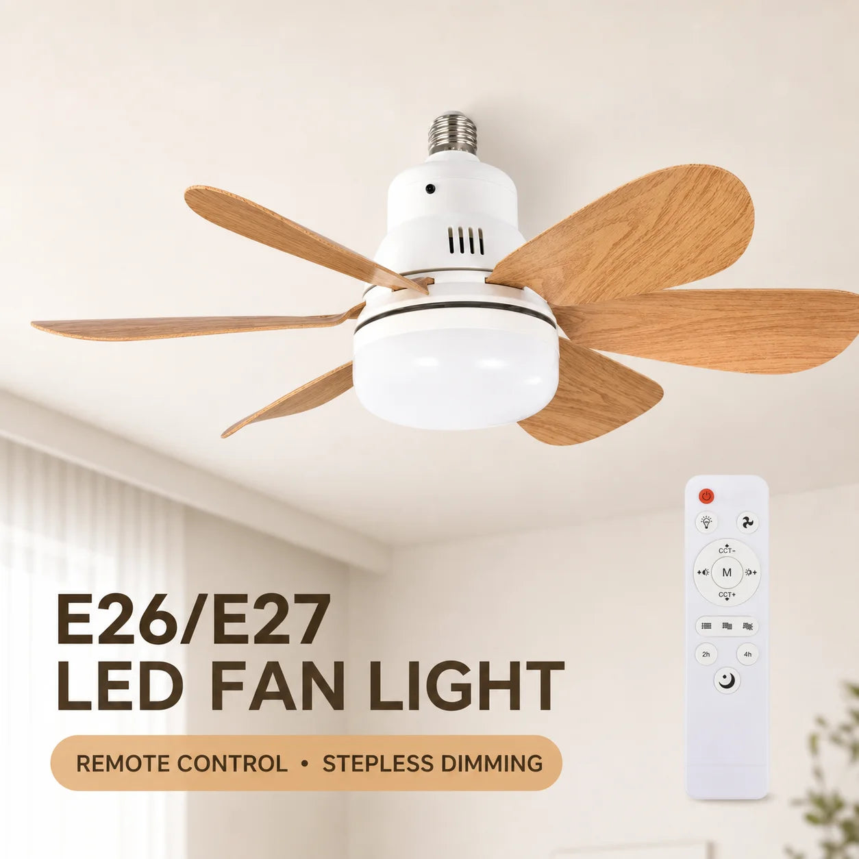 E26 E27 Screw-In LED Ceiling Fan Light with Remote Control, 40W Stepless Dimming 6 Wood Blades for Bedroom Study Office