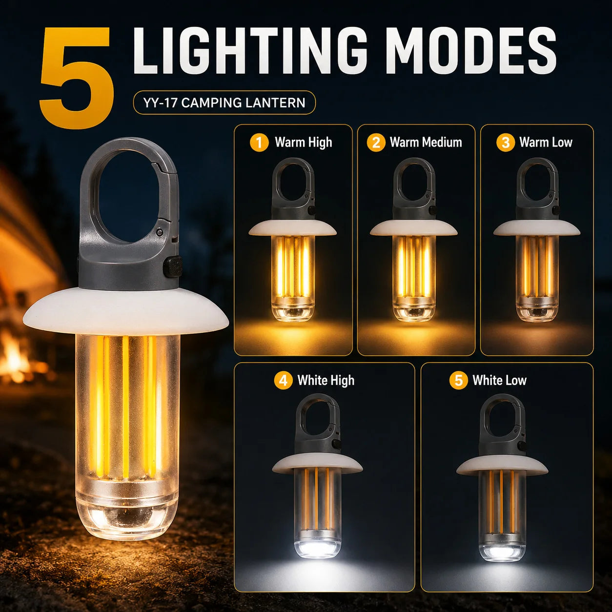 LED Rechargeable Flashlight Camping Lantern 5 Modes Super Bright Portable Hanging Tent Lamp Waterproof Hiking Fishing Outdoor