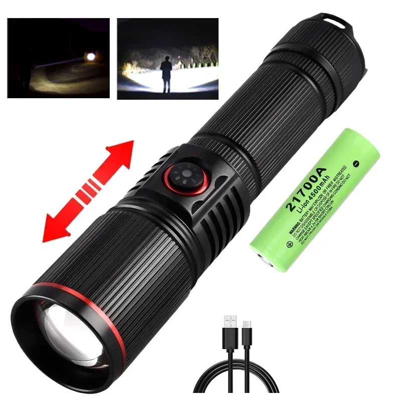 30W  High Bright LED Flashlight High Power Type C Rechargeable Zoom Torch Camping Outdoor Hunting Fishing Walking Lighting Lamp