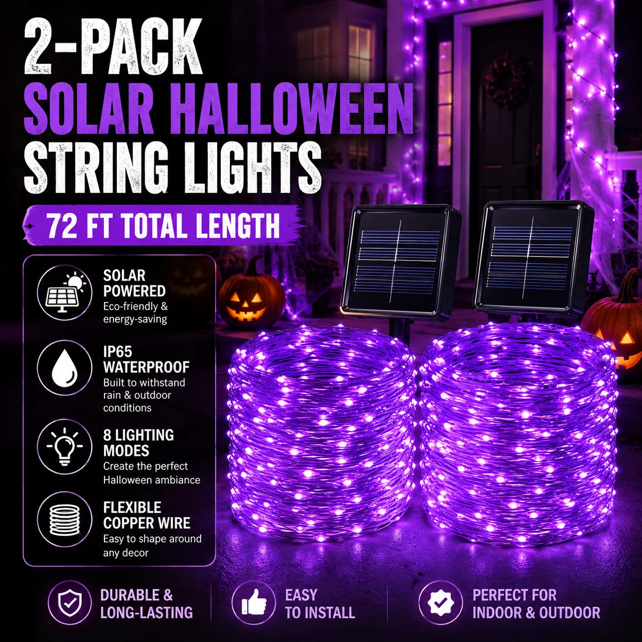 2 Pack Halloween Solar Powered String Lights Outdoor, 72FT 200 LED Solar Powered Decor with 8 Modes of Lighting, Purple and Orange Glow, IP65 Waterproof Design for Outdoor Garden Decor.