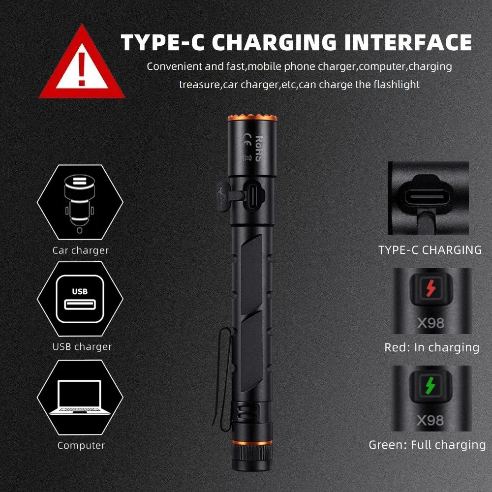 Alonefire Zoom Mini EDC Pen Light Flashlight USB Rechargeable Magnet Small Torch Outdoor Hiking Travel Camping Work Repair Lamp