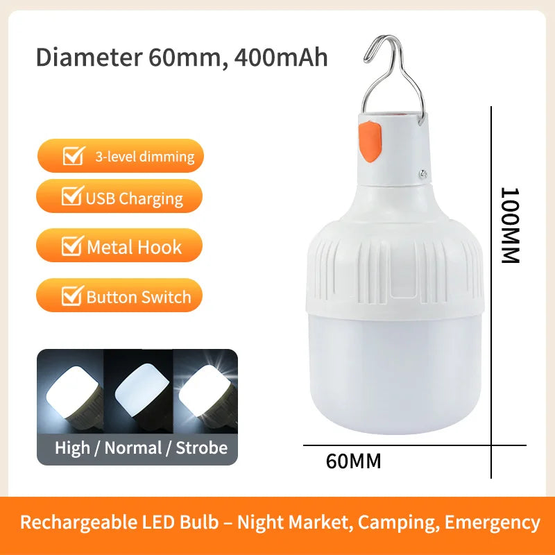 USB Rechargeable LED Bulb with Hook Portable Emergency Light for Outdoor Camping Fishing Hiking Security