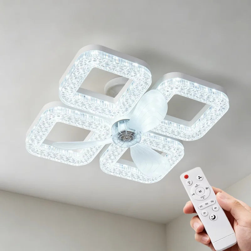 48W Ceiling Fan Light Dual Base Design Remote Control Stepless Dimmable 3 Speeds Timer LED Fan Lamp for Living Room Bedroom