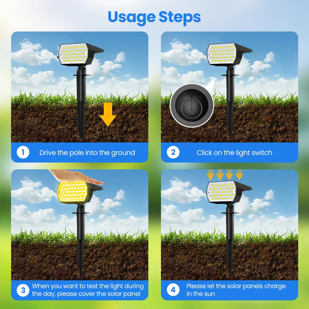 1-6PCS 74LED Tricolor Solar Spot Lights Super Bright Waterproof IP65 Solar Powered Garden Lighting For Outside Landscape
