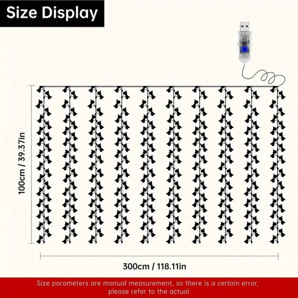 1PC 3M100LED Warm White Green Ivy Leaf LED String Light,USB-Powered Indoor Curtain Decor for Holiday,Wedding,and Party