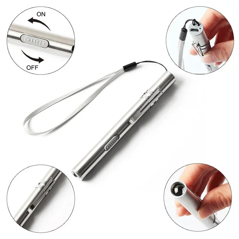 Mini Pen Shape USB Rechargeable Flashlight Stainless Steel Pocket Torch Outdoor Ear Nose Throat Inspection Light