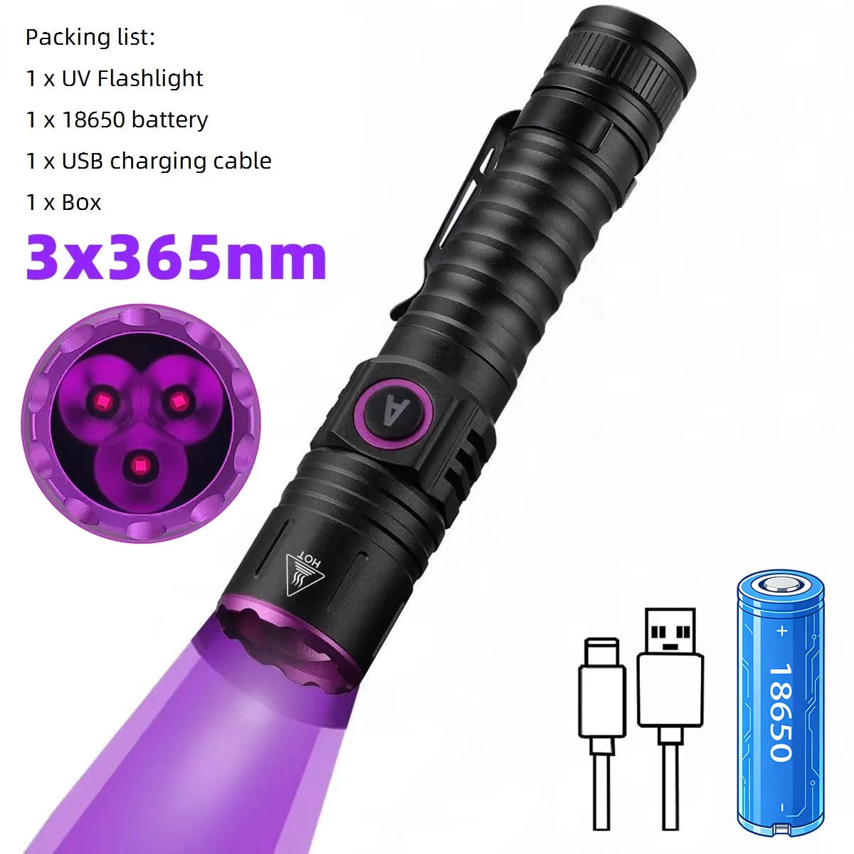 3x365nm UV LED Flashlight High Power Blacklight USB Rechargeable CatDog Pet Stain Tinea UV Glue Curing Scorpion Lamp Torch