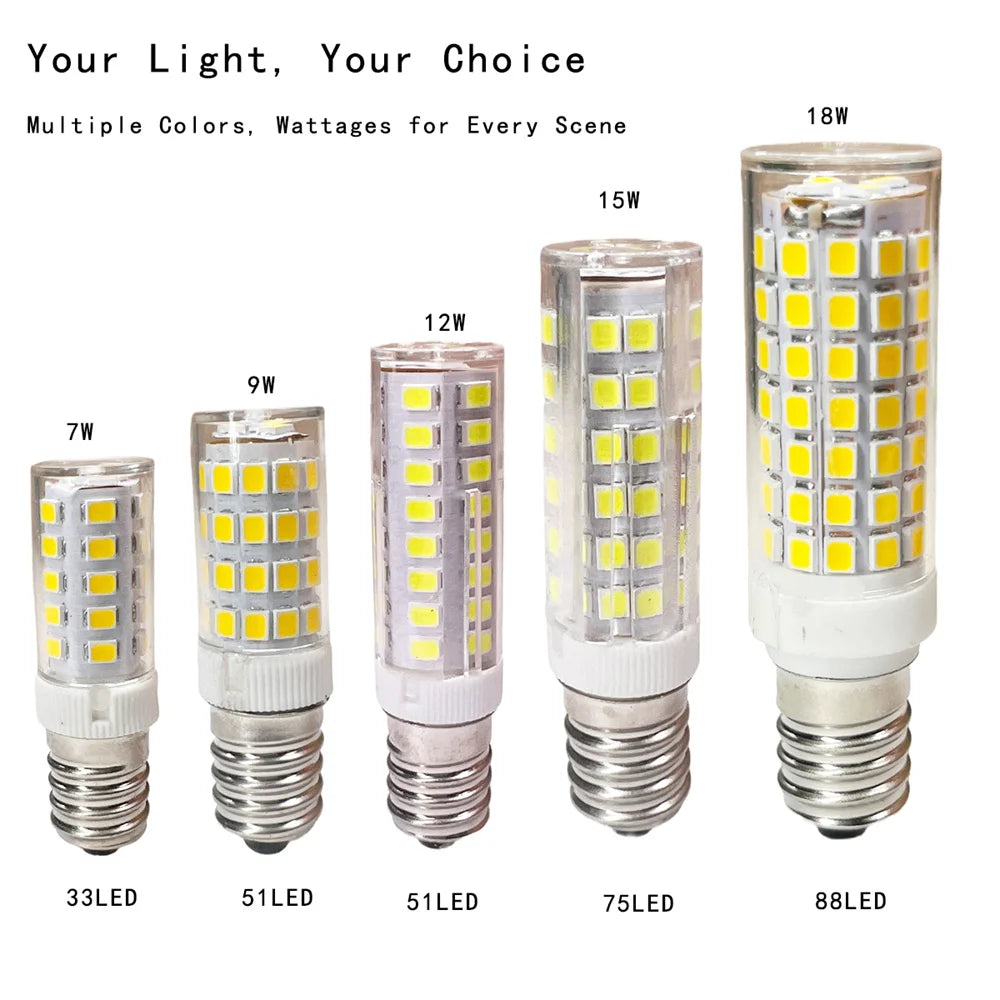 E14 LED Corn Bulb 7W 9W 12W 15W 18W, 220-240V 2835 SMD, 360° Beam Angle, Bright Mini Light for Halogen Chandelier Replacement