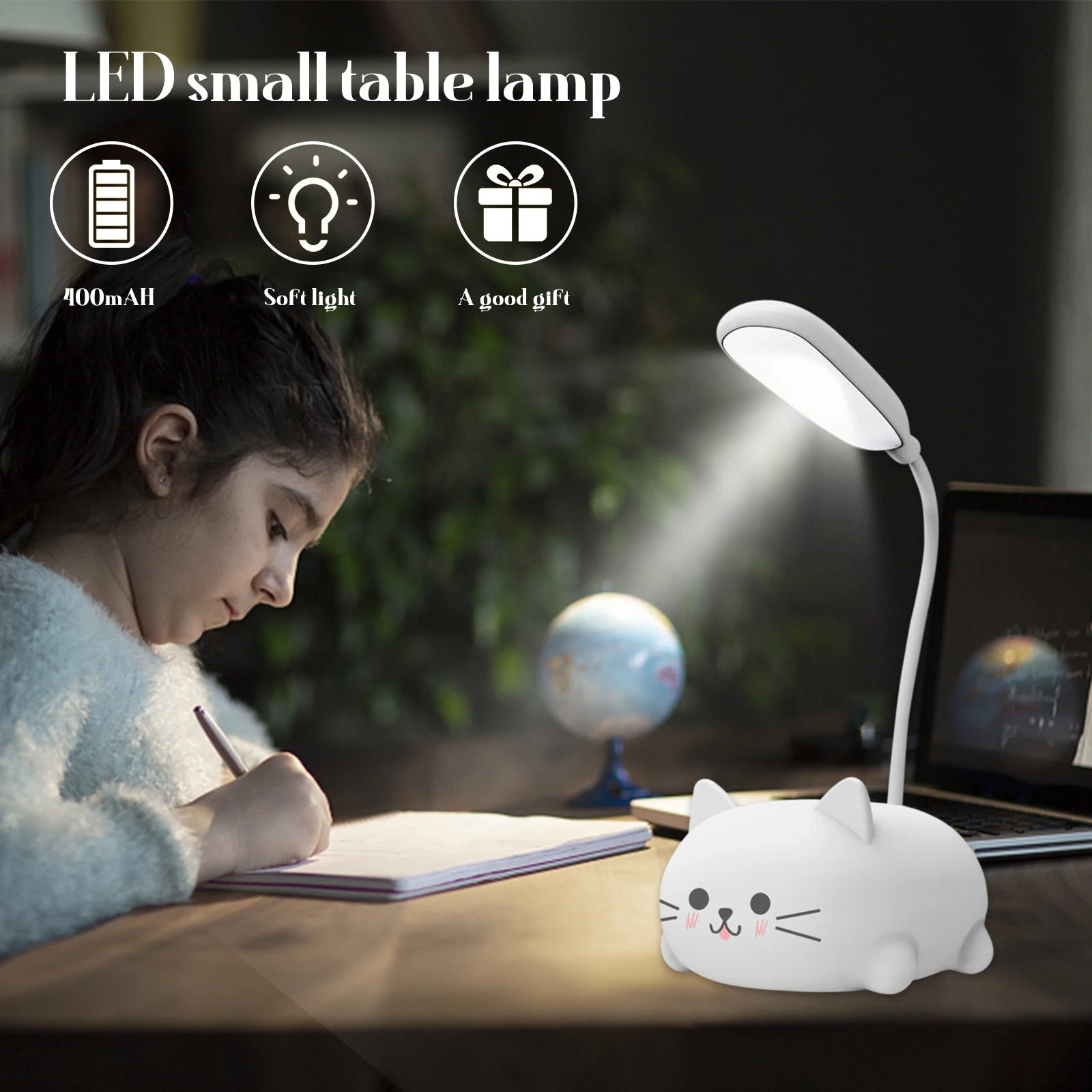 USB Night Light Foldable Cute Cat Student Learning Light Rechargeable 400mAh Adjustable Gooseneck Kids Gifts for Bedroom Office