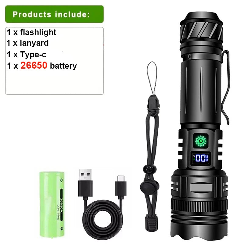 Powerful Aluminum Alloy LED Flashlight Usb Rechargeable Torch Lighting Zoomable Waterproof Flashlight With 26650 Battery