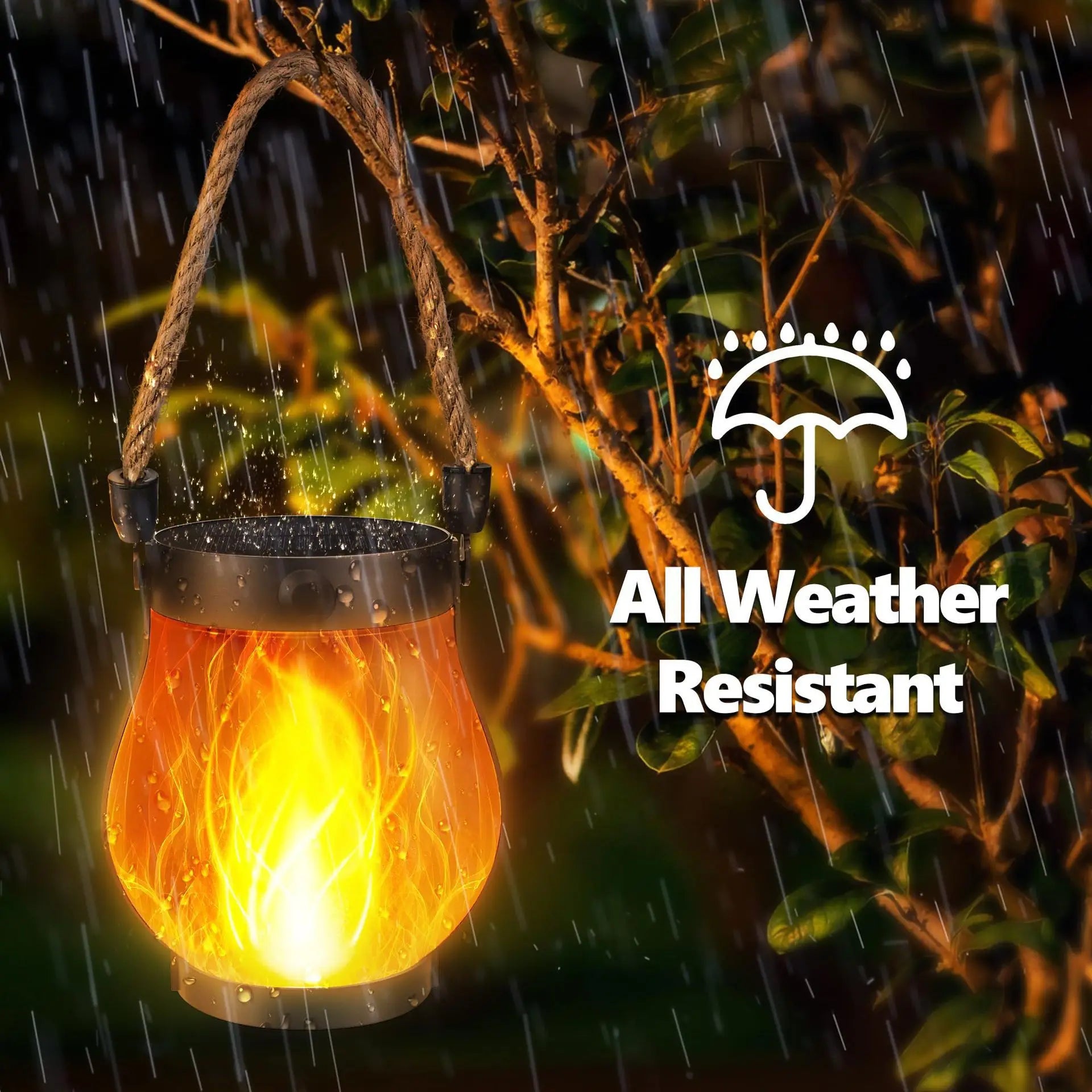 Solar Flame Hanging Lantern Type-C Fast Charging Waterproof 3D Flickering Flame Lamp for Garden Patio Camping Decor
