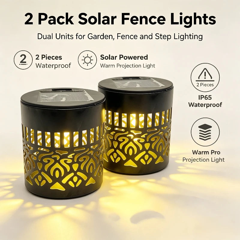 Solar Fence Lights, IP65 Waterproof Metal Wall Lamp for Outdoor Garden Yard Deck Steps Patio Decoration