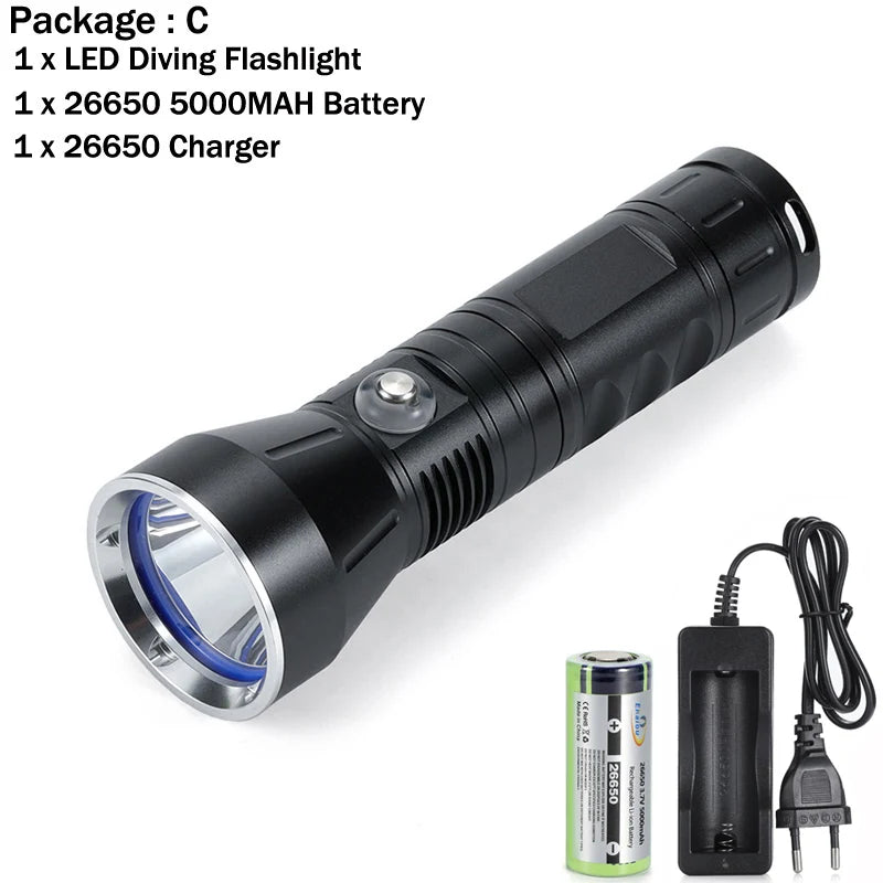 Professional 30W LED Diving Flashlight 3000lumens Tactical Underwater 100M Waterproof 26650 Deep-Sea Fish Lamp