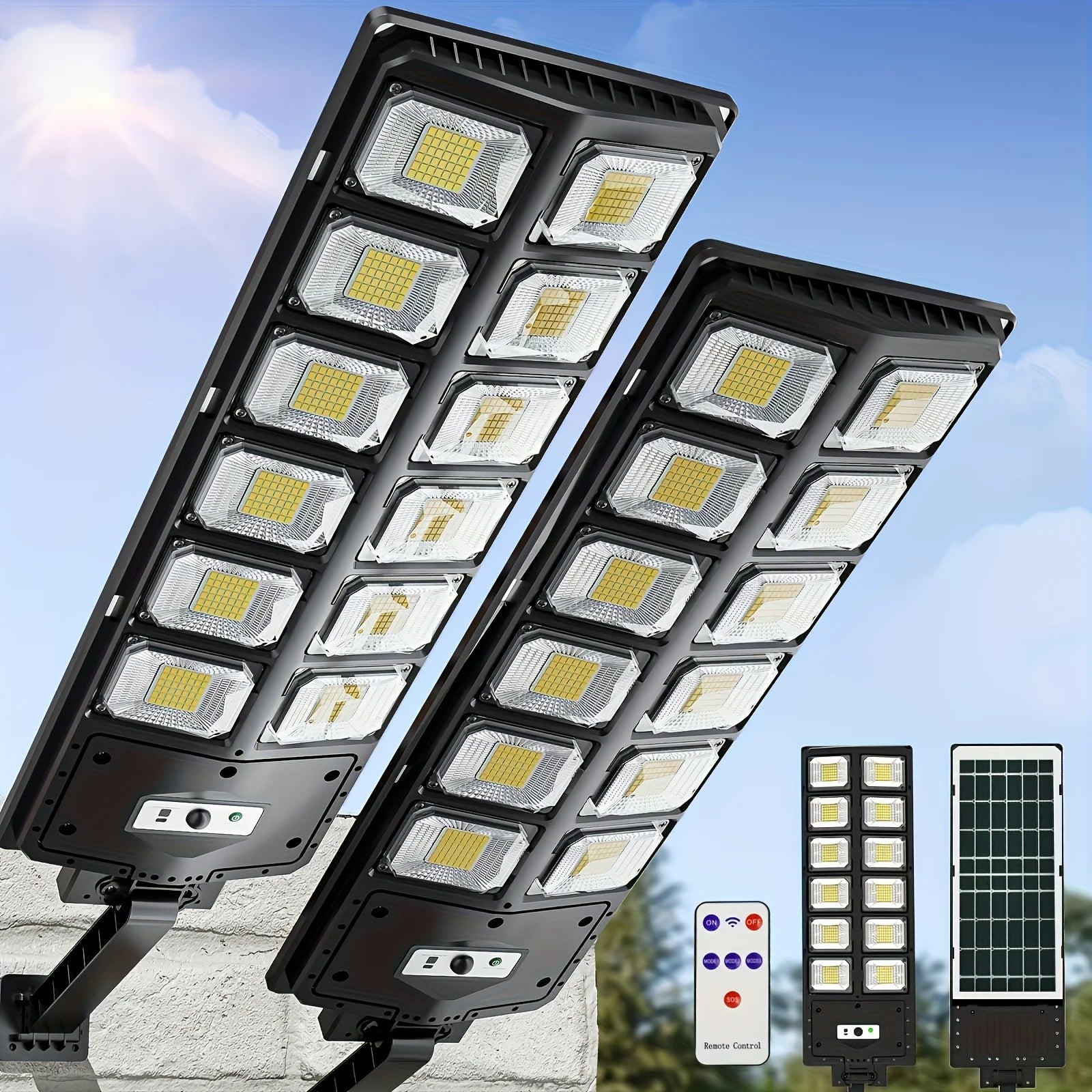Solar Street Light, 12‑LED Outdoor Solar Flood Light with Monocrystalline Solar Panel, Motion Sensor, Remote Control, Timer & SOS Mode, IP44 Waterproof Wide‑Angle Solar Security Light for Yard, Garage, Farm, Pathway