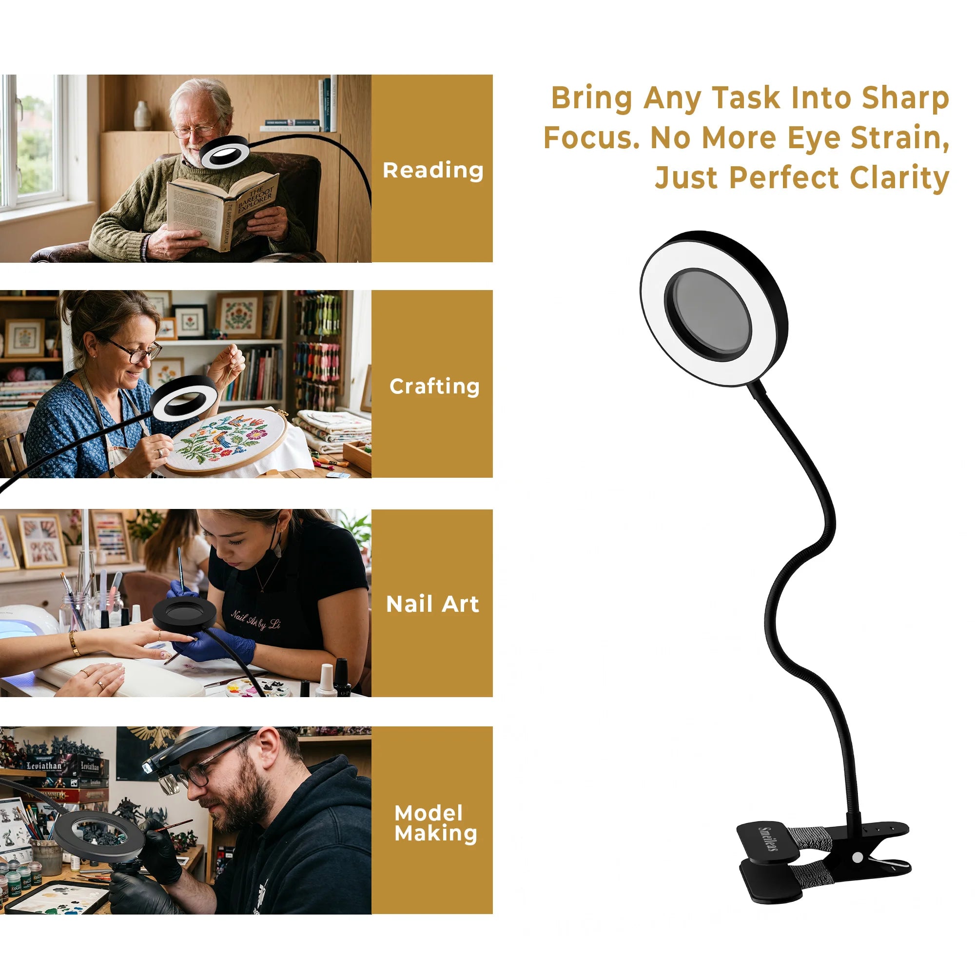 Dimmable LED Magnifying Lamp with Clamp, 3 Color Modes, Adjustable Brightness Desk Light for Reading, Repair, Eye-Care Lamp.