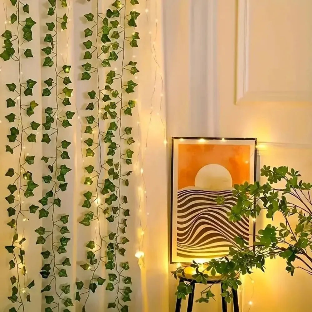 1PC 3M100LED Warm White Green Ivy Leaf LED String Light,USB-Powered Indoor Curtain Decor for Holiday,Wedding,and Party