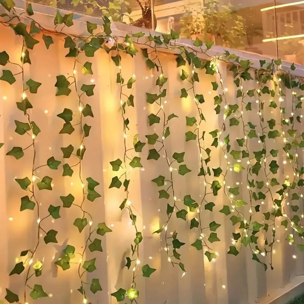 1PC 3M100LED Warm White Green Ivy Leaf LED String Light,USB-Powered Indoor Curtain Decor for Holiday,Wedding,and Party