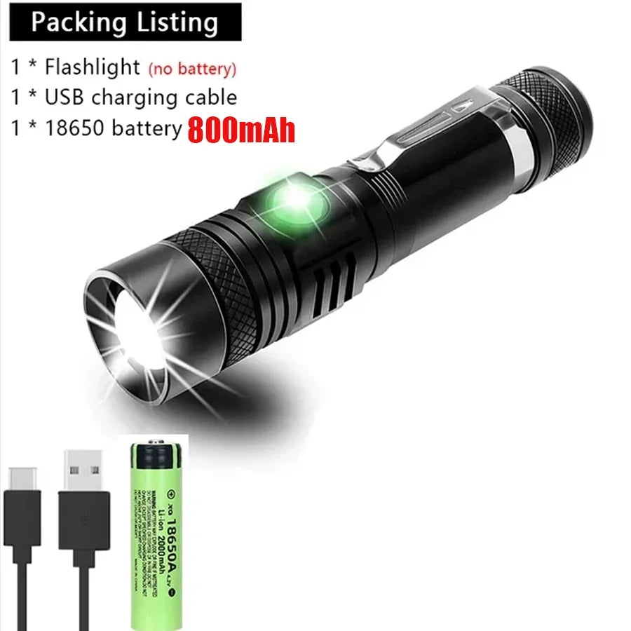 Telescopic Zoom Tactical Flashlights Rechargeable LED Torch 4 Lighting Modes Long-Range Waterproof Camping Fishing Flashlight