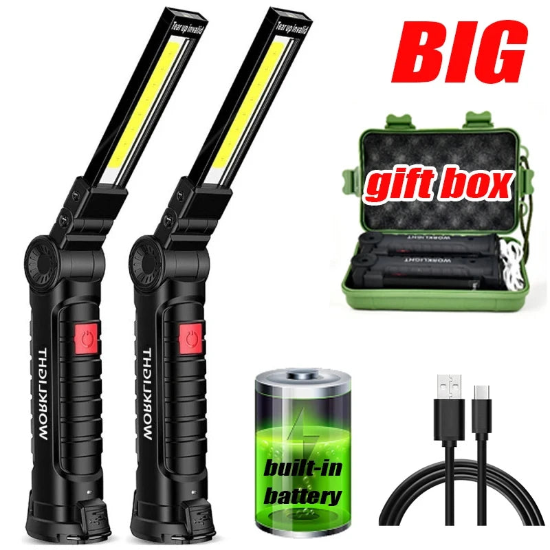 COB LED Work Light Dimmable USB Rechargeable LED Flashlight Inspection Lamp With Magnetic Hook Power Bank 18650 Battery Torch