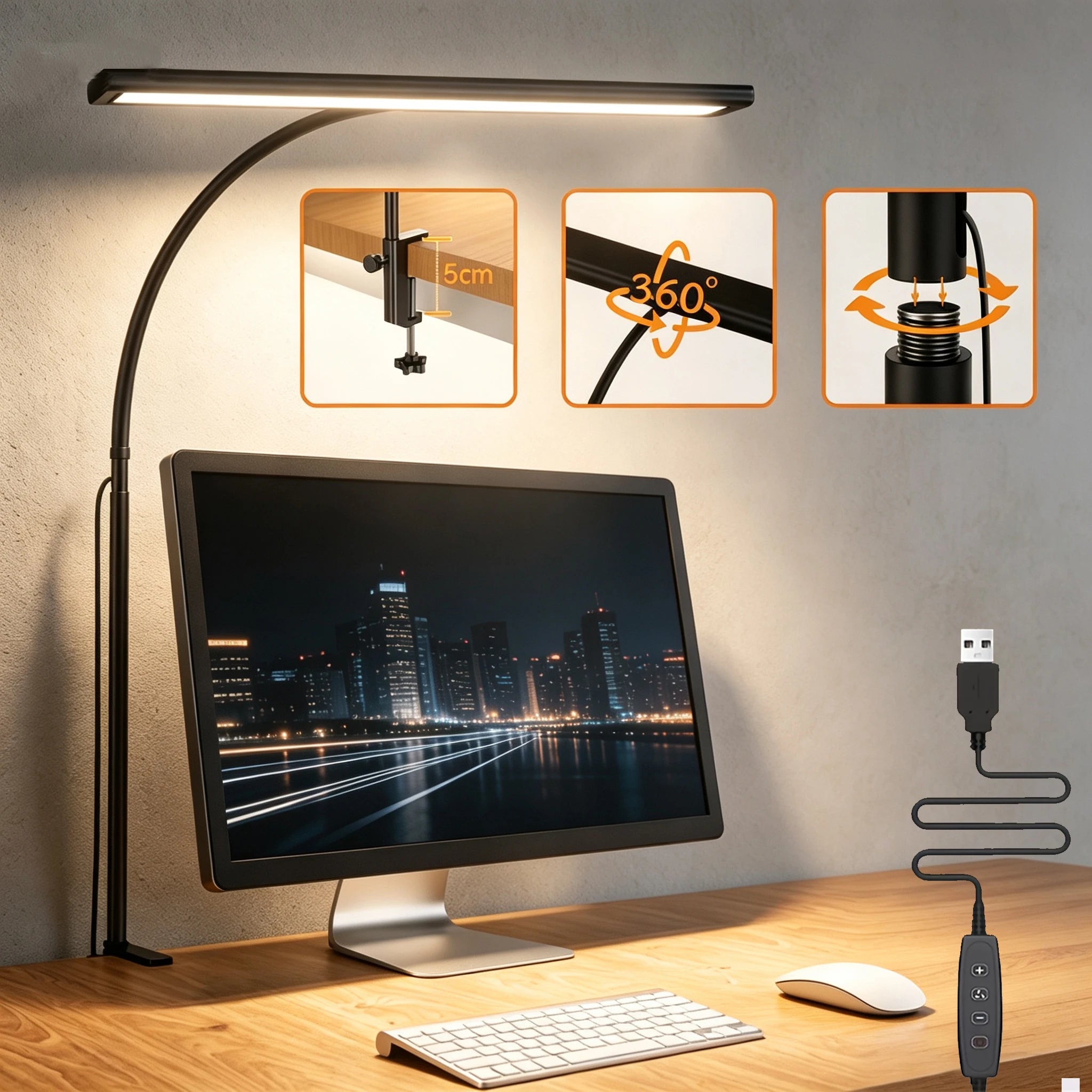 LED Desk Lamp with Clamp 15.75 Stepless Dimming Light 100 LEDs Eye-Caring Light USB Powered Adjustable Flexible Gooseneck  for Home Office, Study& Workbench