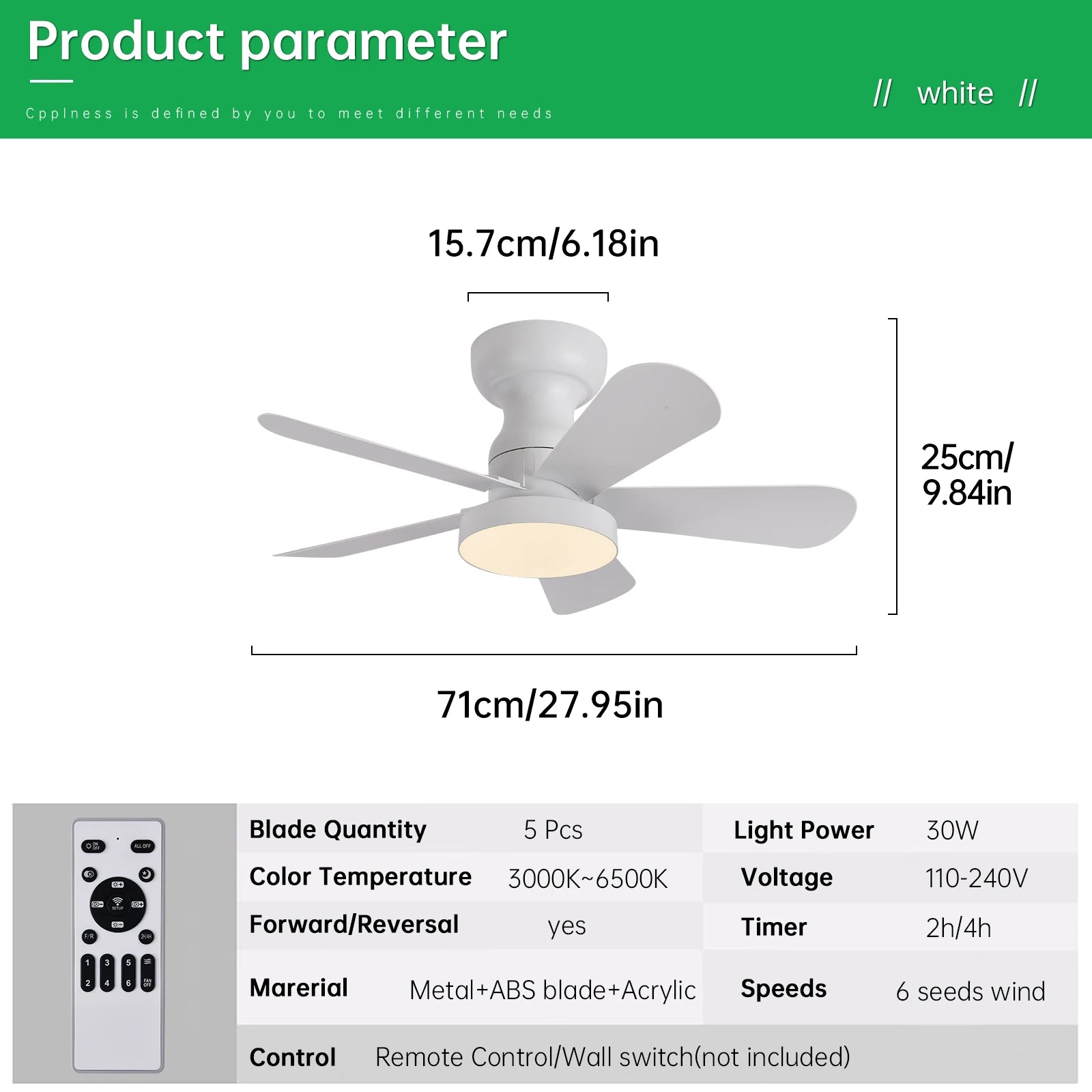 Indoor/Outdoor Flush Mount Ceiling Fan with Remote Control - 5 Blade Low Profile Fandelier - Reversible Quiet Timer