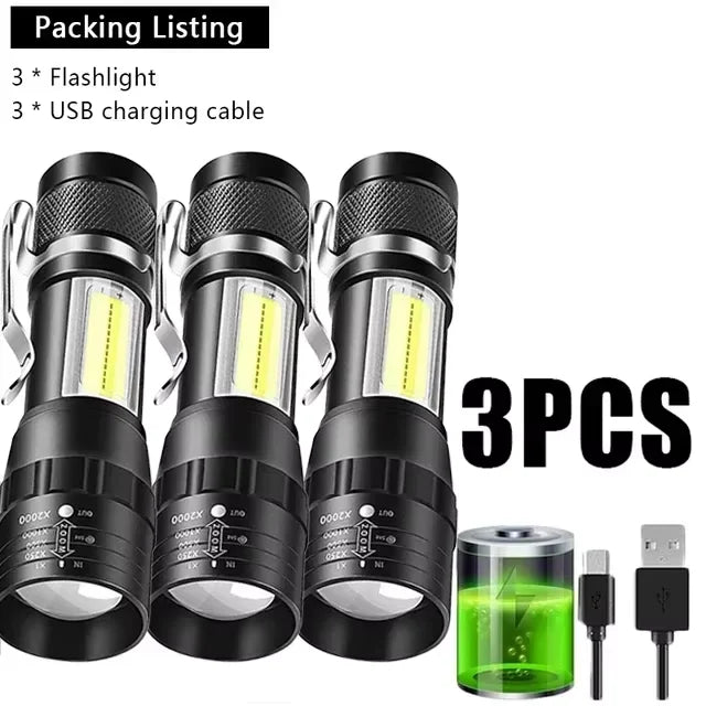 High Bright 3*LED Strong Light Mini Rechargeable Portable Torch Outdoor Aluminum Alloy Tactical Flashlight with Pen Clip