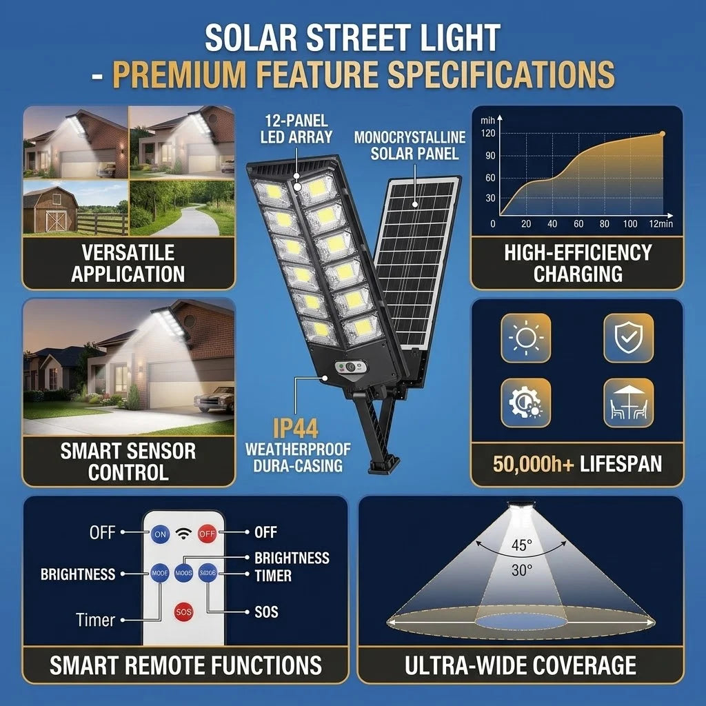Solar Street Light, 12‑LED Outdoor Solar Flood Light with Monocrystalline Solar Panel, Motion Sensor, Remote Control, Timer & SOS Mode, IP44 Waterproof Wide‑Angle Solar Security Light for Yard, Garage, Farm, Pathway
