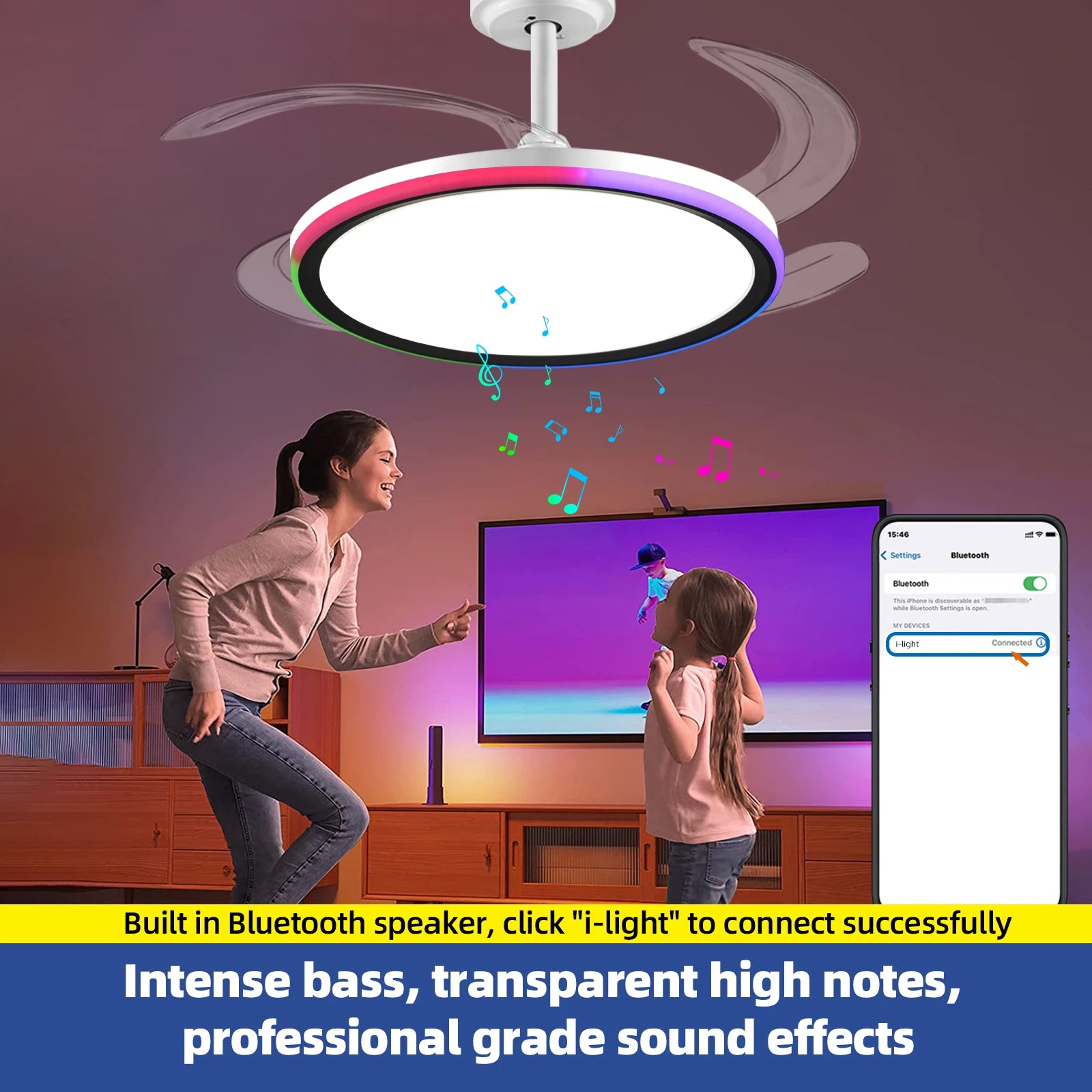 42-Inch Smart Retractable Ceiling Fan Light Breathtaking Lighting Effects, Full-Color RGB Dimming Strip with Memory Function, Bluetooth Speaker, and Convenient Control via App or Remote. Features a 6-Speed Reversible Fan for