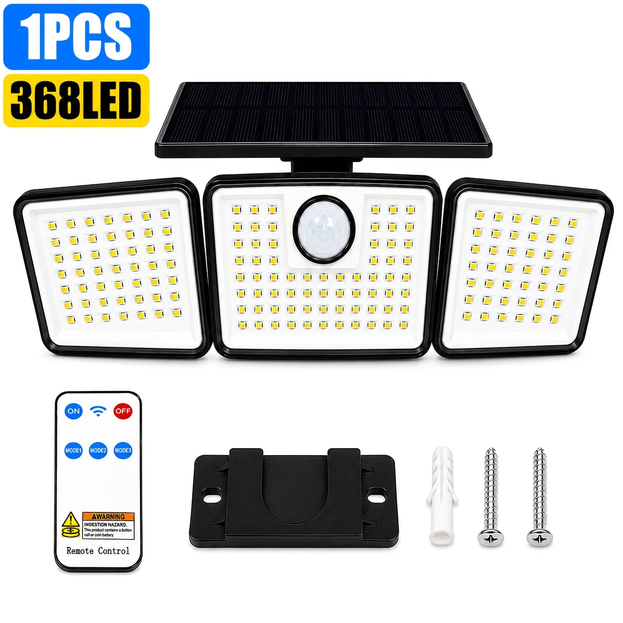 368LED Triple-Head Solar Powered Motion Sensor Outdoor Security Floodlight with Remote Control Waterproof Wall-Mounted Garden Lights for Garage Patio Garden Porch