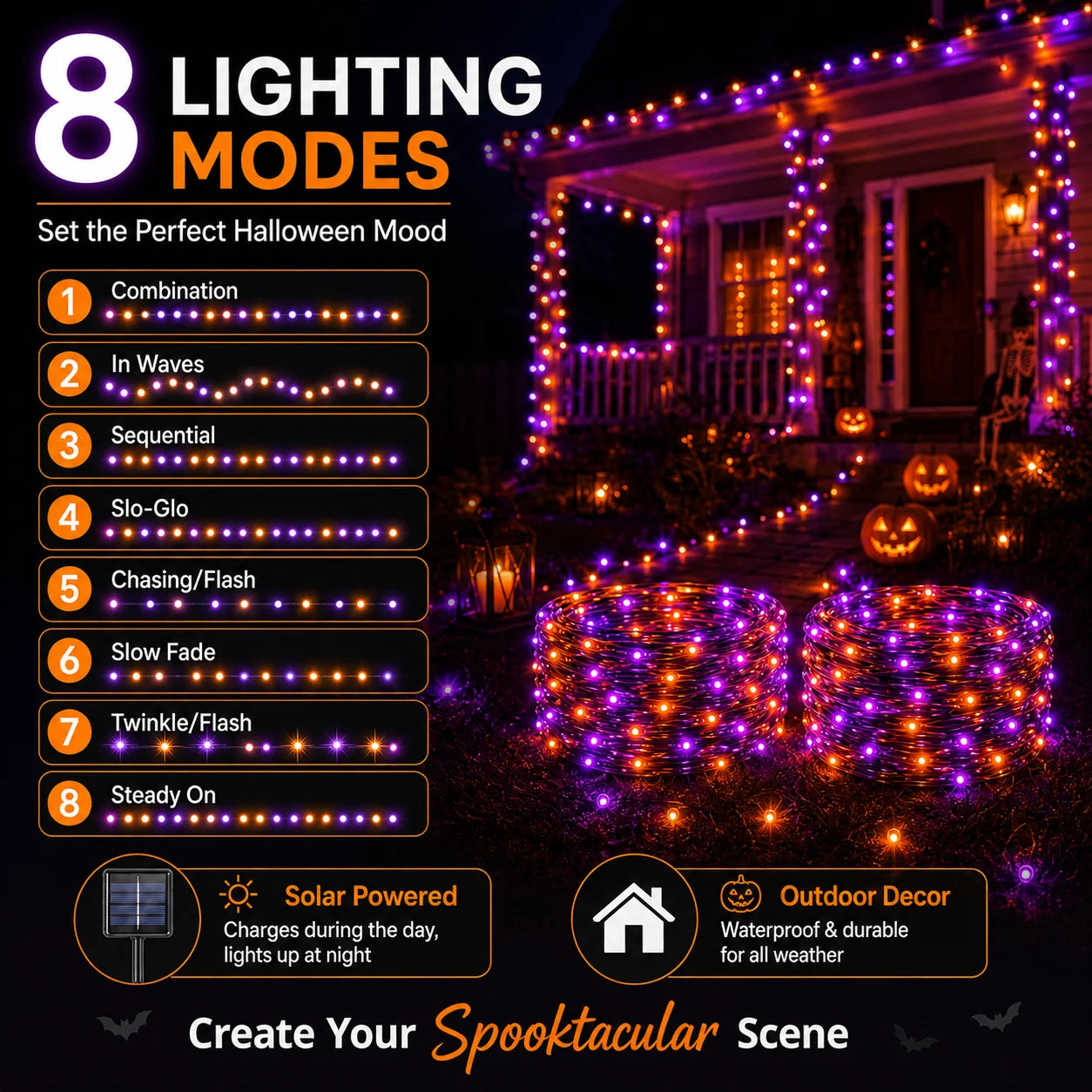 2 Pack Halloween Solar Powered String Lights Outdoor, 72FT 200 LED Solar Powered Decor with 8 Modes of Lighting, Purple and Orange Glow, IP65 Waterproof Design for Outdoor Garden Decor.