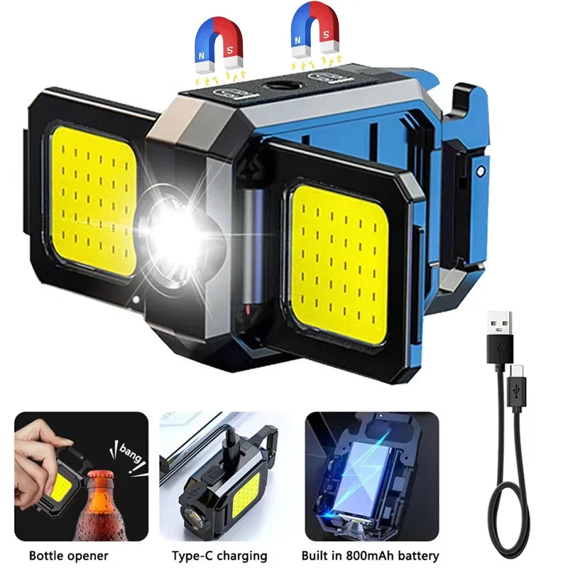 Flashlight Mini Keychain Light COB Work Light USB Rechargeable Lamp with 90° Foldable Side Lights Super Bright Portable Lanterns