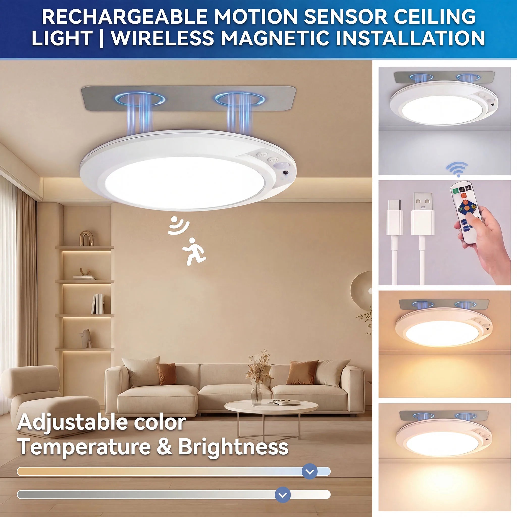 Rechargeable Motion Sensor Ceiling Light Magnetic Wireless Smart LED Lamp Dimmable 3000K-6000K for Bedroom Hallway