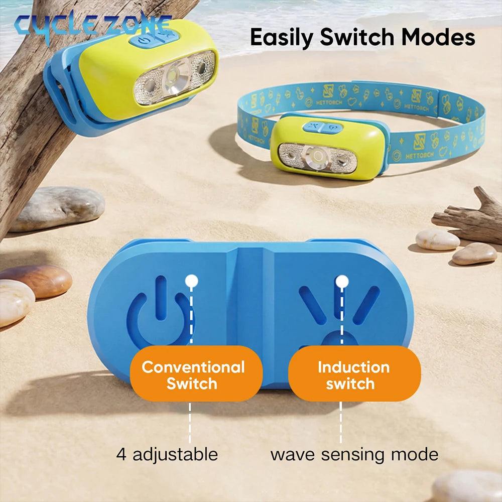 Child's Headlight Type-C Rechargeable Ultralight Kids Head Flashlight Induction Headlamp Outdoor Fishing Camping Emergency Light
