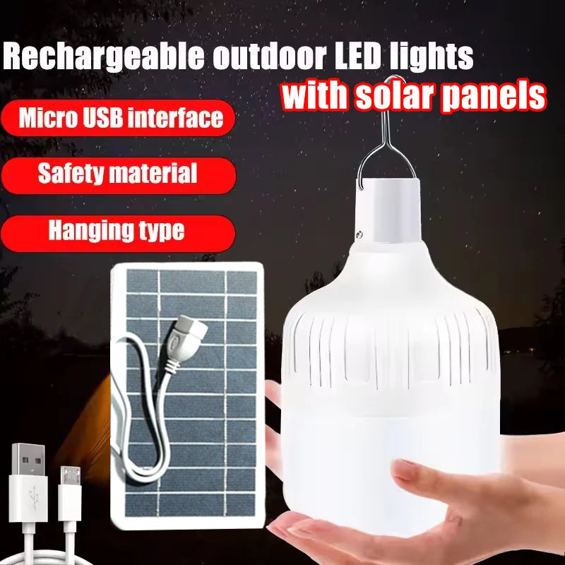 LED Portable Lights with Solar Panel Outdoor USB Rechargeable Emergency Lanterns Hanging Camping Energy Saving Bulb Tent Garden