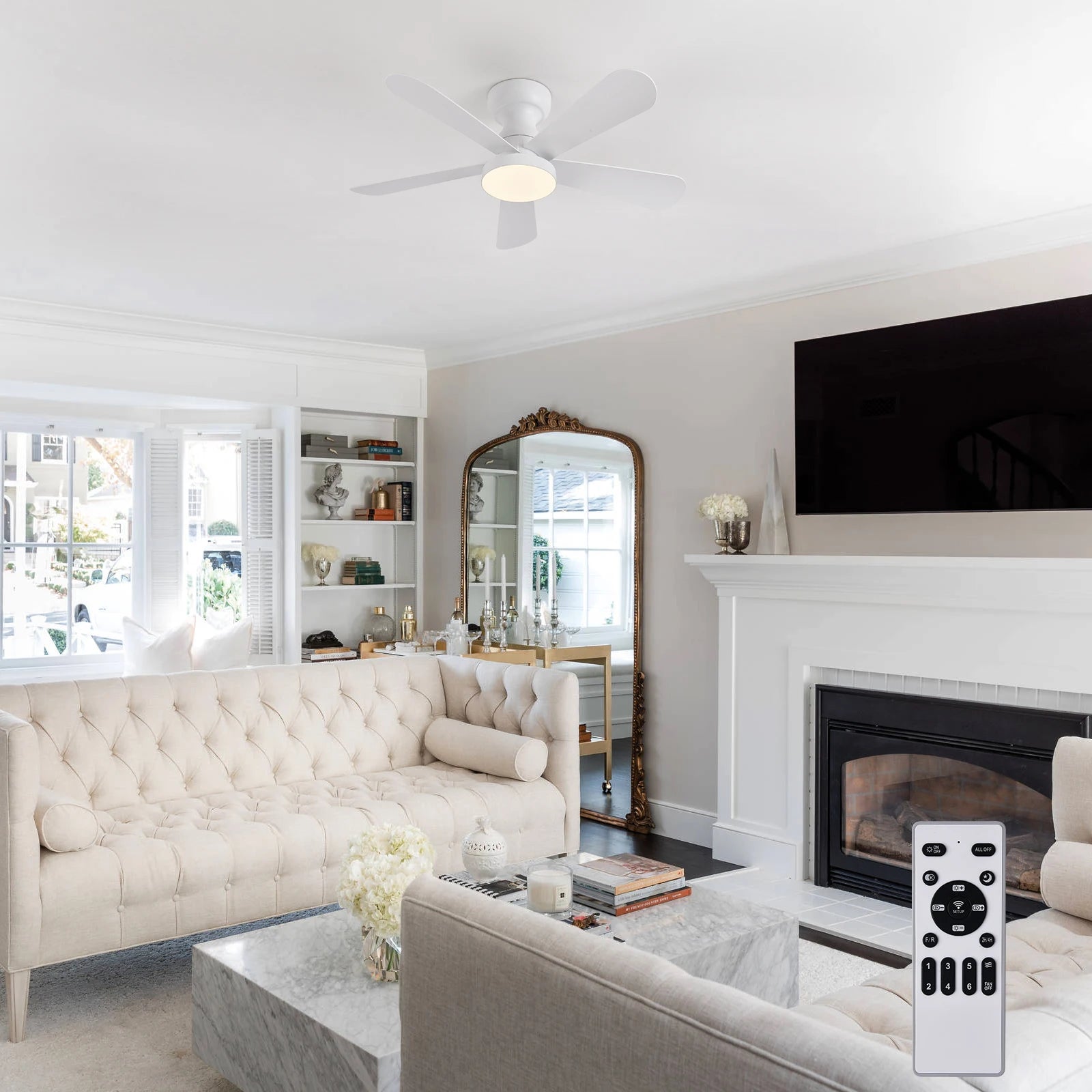 Indoor/Outdoor Flush Mount Ceiling Fan with Remote Control - 5 Blade Low Profile Fandelier - Reversible Quiet Timer