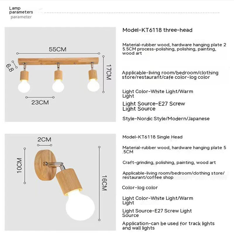 Wooden Spotlights Surface Mounted Household LED Rotating Ceiling Light Living Room Background Wall Lamp Track Lighting For Home