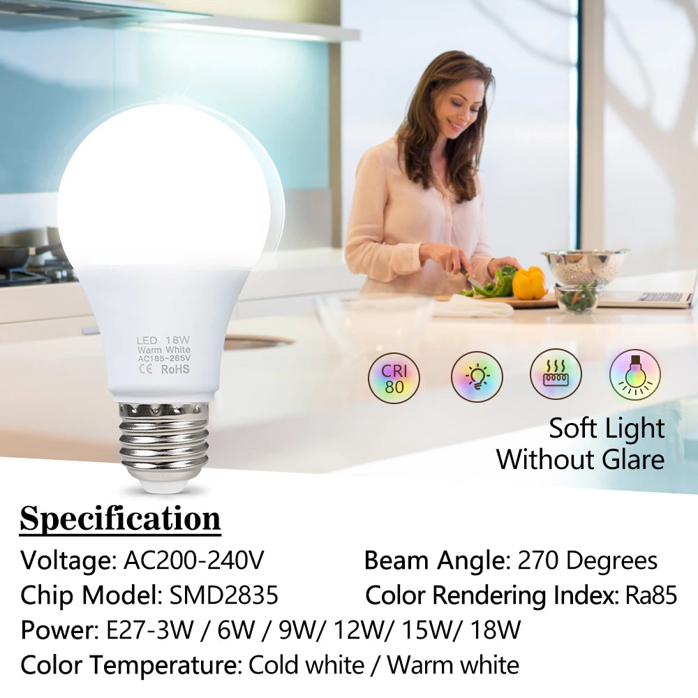 E27 LED Bulb 3W 6W 9W 12W 15W 18W AC 220-240V Warm or Cold White SMD2835 Globe Lamp for Bedroom and Living Room