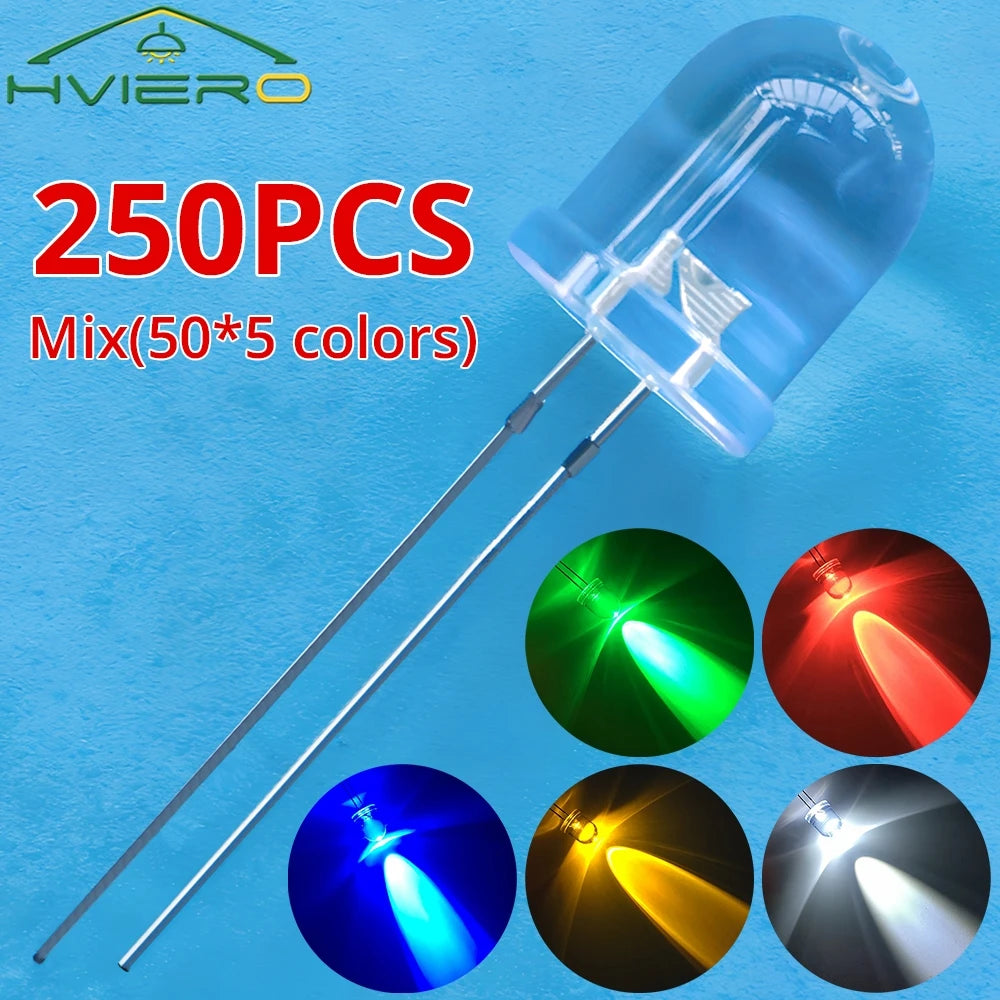 250Pcs 10mm Round Top Ultra Bright Emitting Diode LED White Red Green Blue Yellow UV Pink Orange Light Diodes Lamp Bulb Mini Led