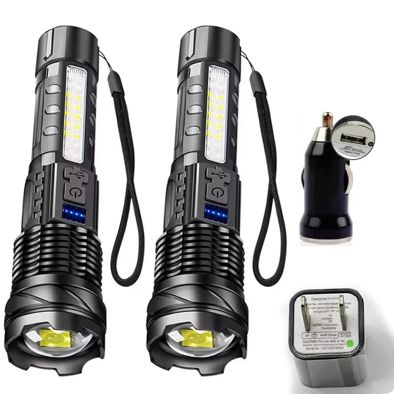 30W COB Strong LED Flashlight Portable Rechargeable Zoomable Hand Lamp1000 Lumens Torch Built in Battery with Power Display