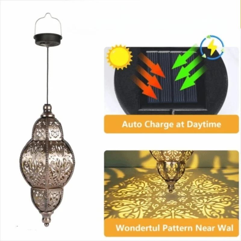 Solar Powered Light Hollow-out Lantern European Style Courtyard Garden Decoration Artistic Atmosphere Pendant Light Projection