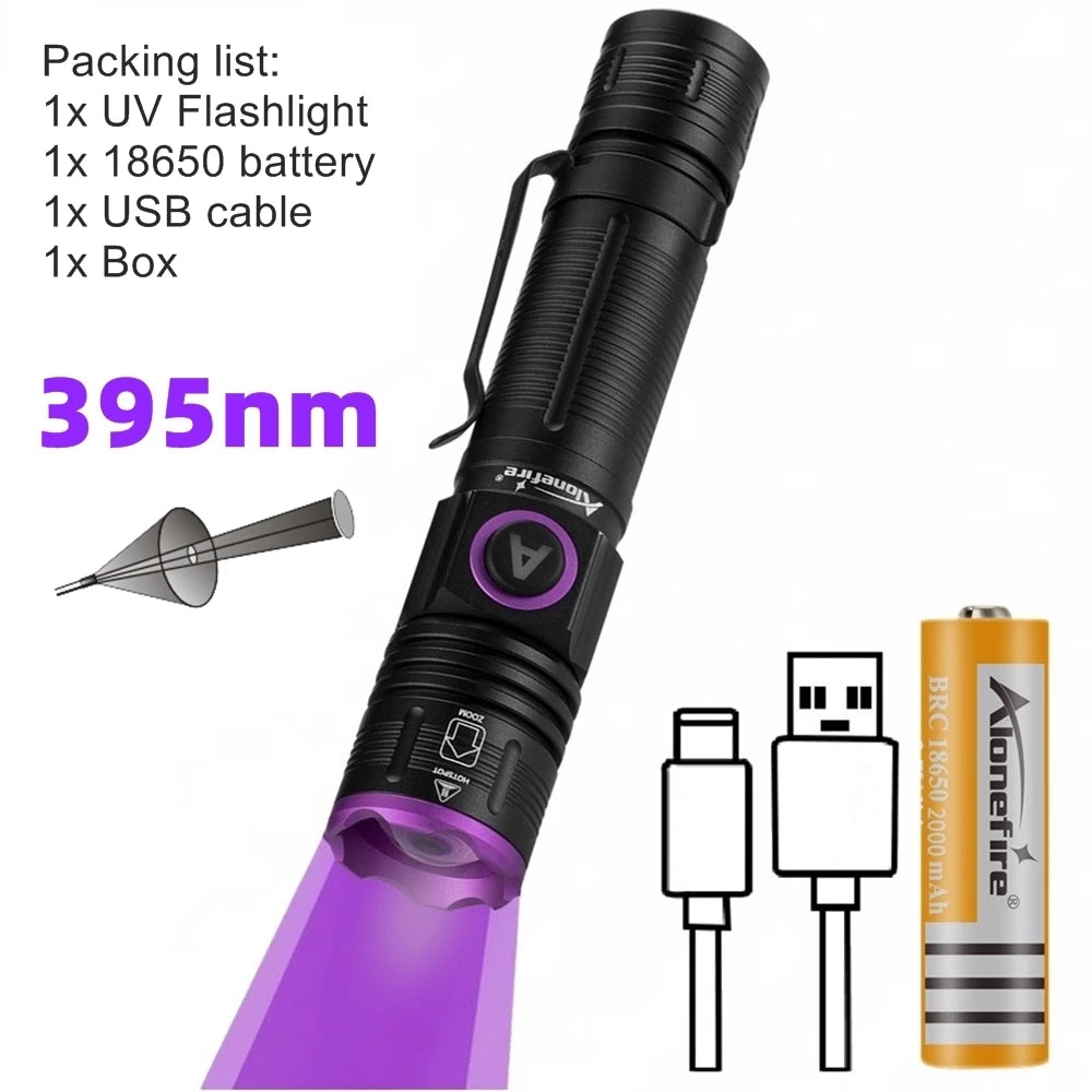 365/395nm Zoom UV Flashlight USB Rechargeable Ultraviolet Adhesive Curing Torch Cat Dog Pets Urine Tinea Marker Money Ore Light