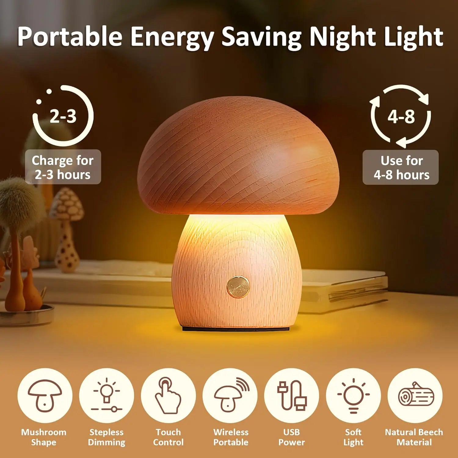 Mushroom LED Night Light Dimmable Wooden Bedroom Bedside Table Lamp with Touch Switch Room Decoration Lighting Chargeable