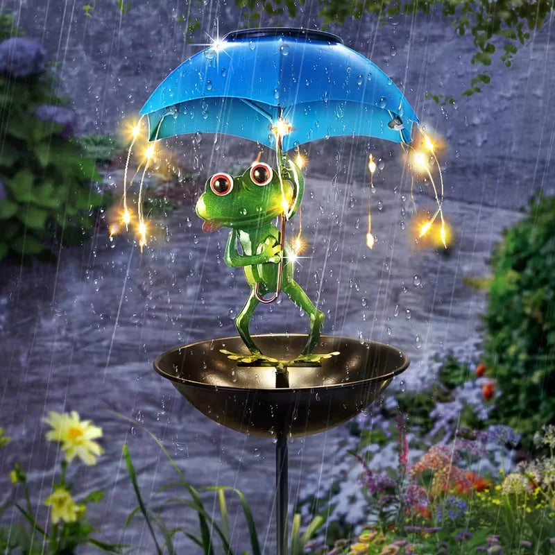 Solar Powered Frog Garden Lamp with LED String Lights Automatic Outdoor Bird Feeder and Hummingbird Feeding Trough for Yard Lawn