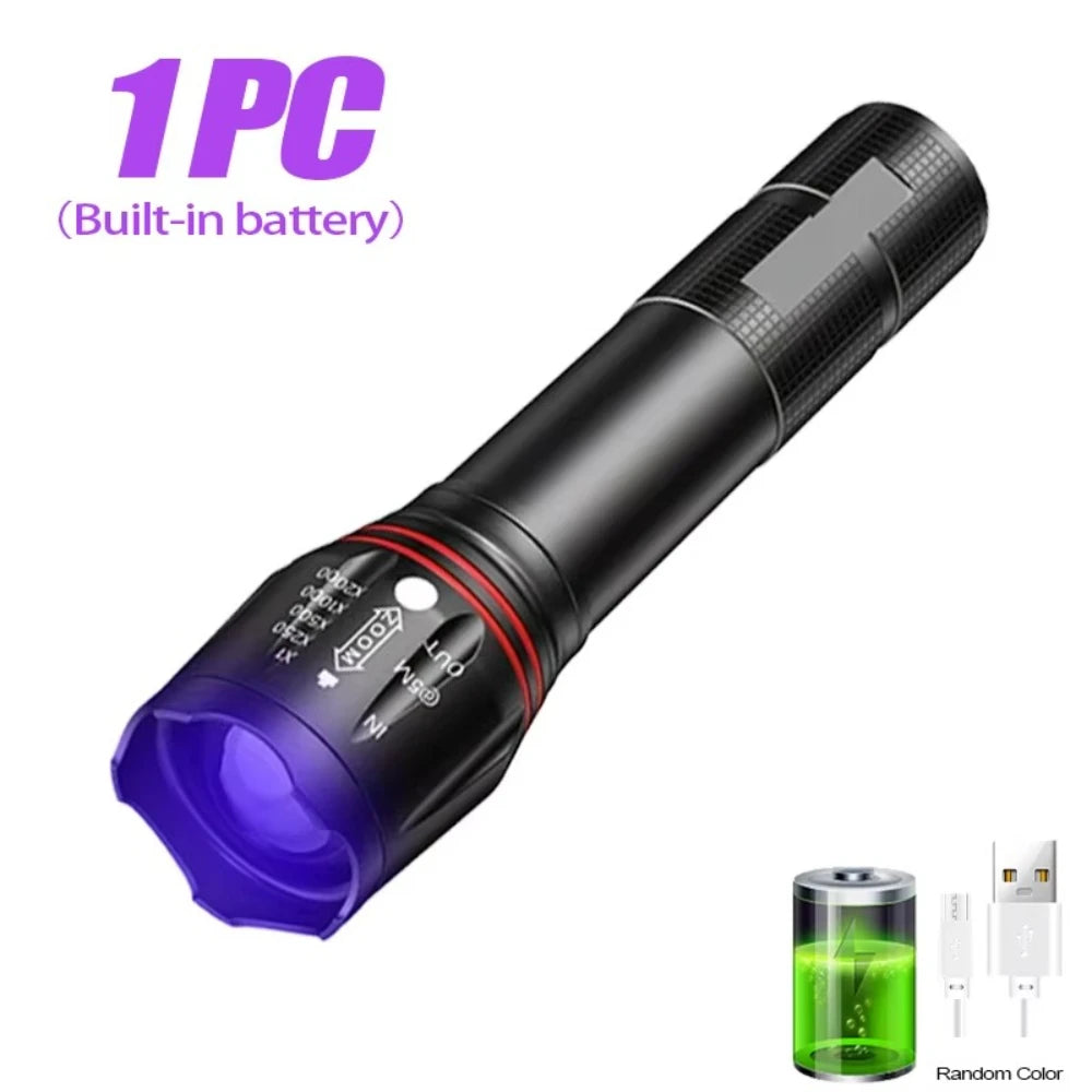 395nm LED UV Flashlight Rechargeable Zoomable Torch Light for Pet Urine Stain Detector Tools Lantern Money Fluorescer Detector