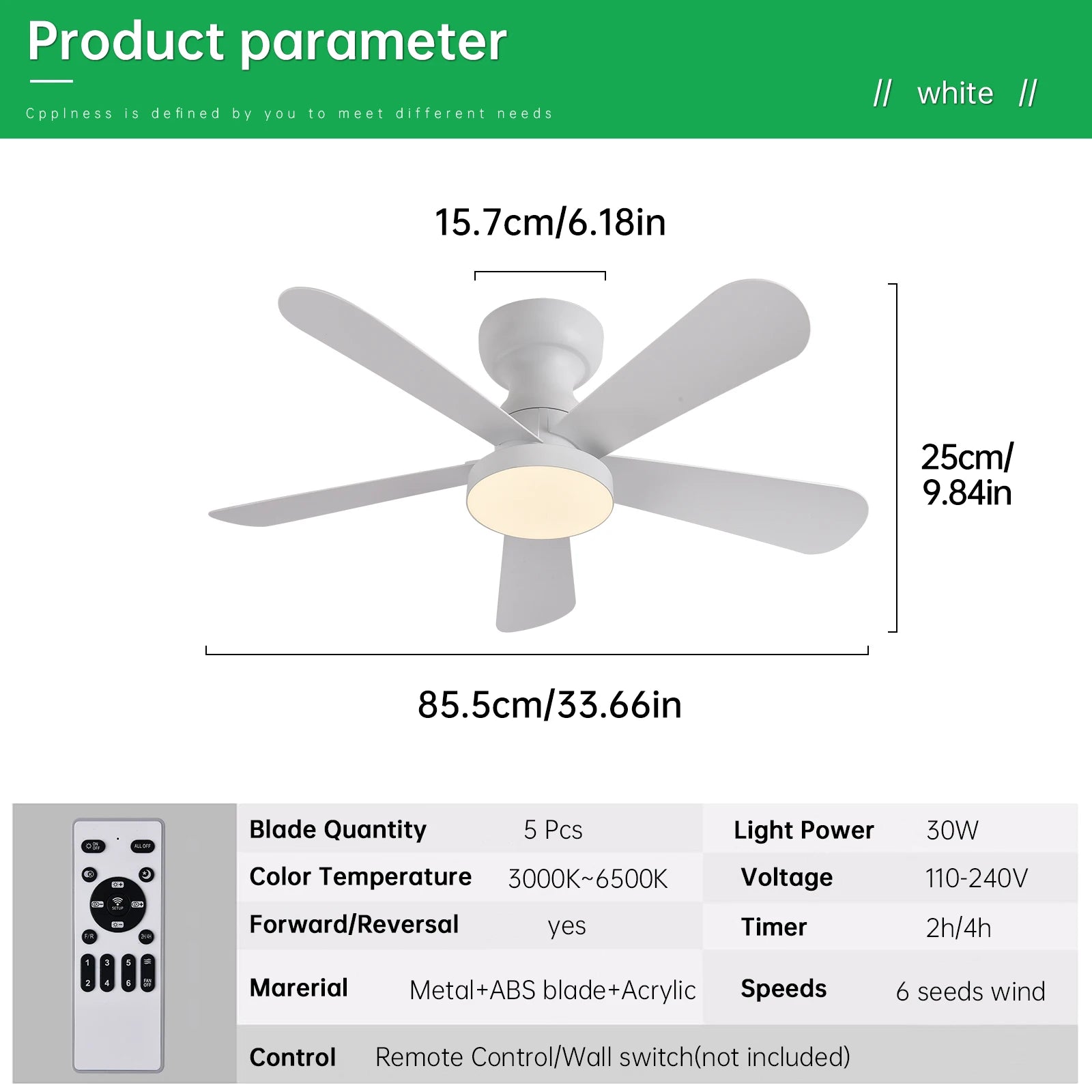 Indoor/Outdoor Flush Mount Ceiling Fan with Remote Control - 5 Blade Low Profile Fandelier - Reversible Quiet Timer