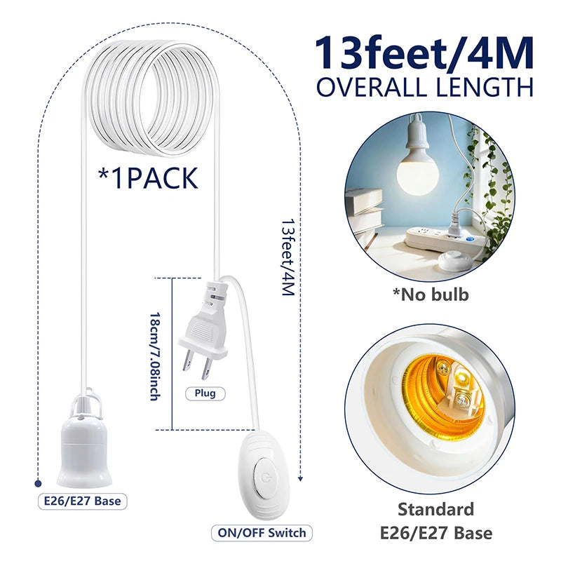 4M E26 E27 US Plug Lamp Base Power Cord Cable Hanging Pendant LED Light Fixture Socket Adapter With Switch Wire