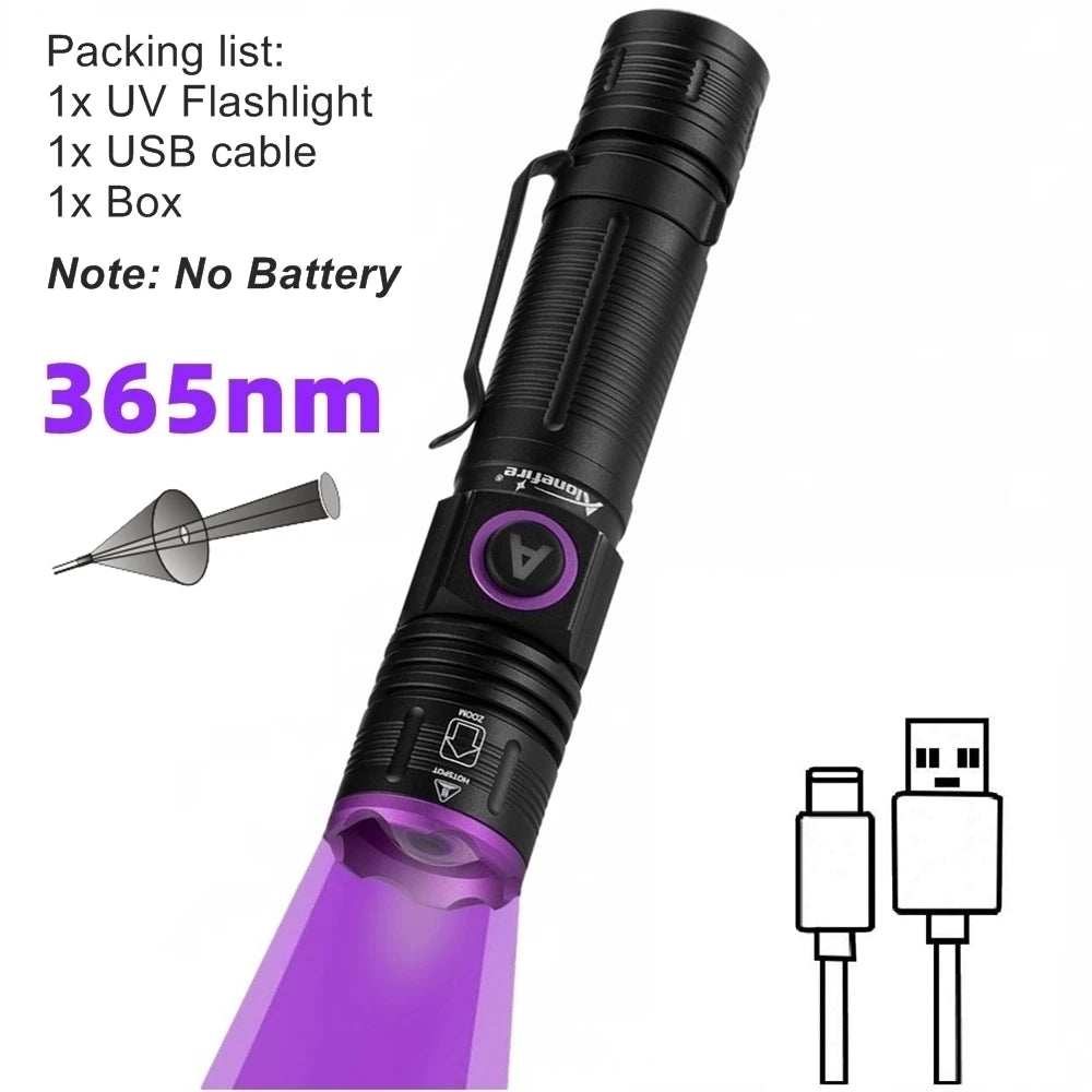 365/395nm Zoom UV Flashlight USB Rechargeable Ultraviolet Adhesive Curing Torch Cat Dog Pets Urine Tinea Marker Money Ore Light