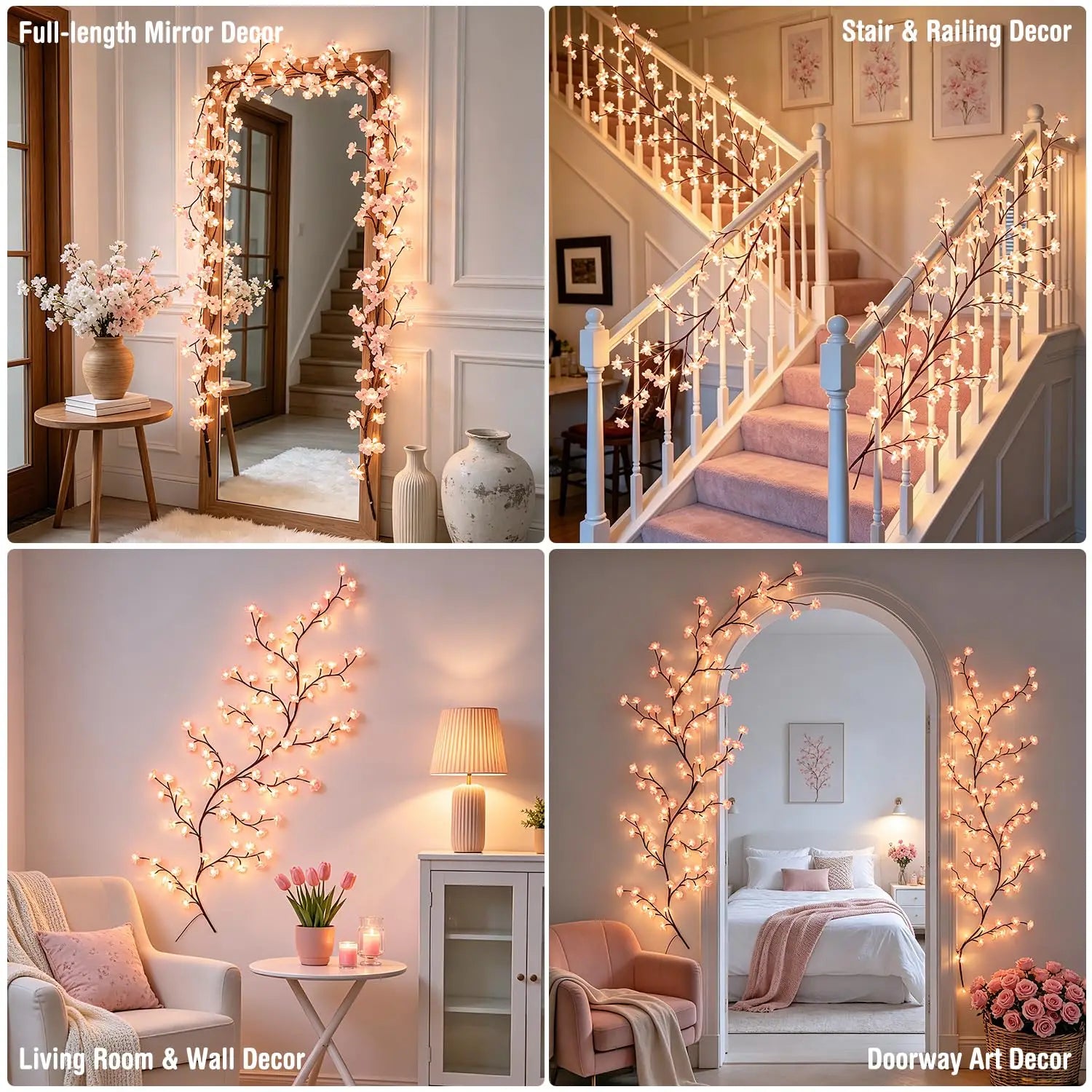 Cherry Willow Vine Lights for Kawaii Room Decor, 72LEDS Pink Cherry Blossom Tree Branch Lights for Wall, Remote Timer, 8 Modes, Bedroom Doors Wedding Christmas Decor, USB